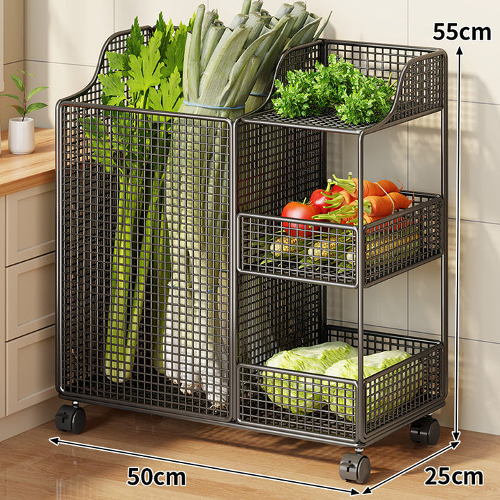 Rolling Metal Mesh Produce Storage Cart with Tall Vertical Compartment and Removable Shelves
