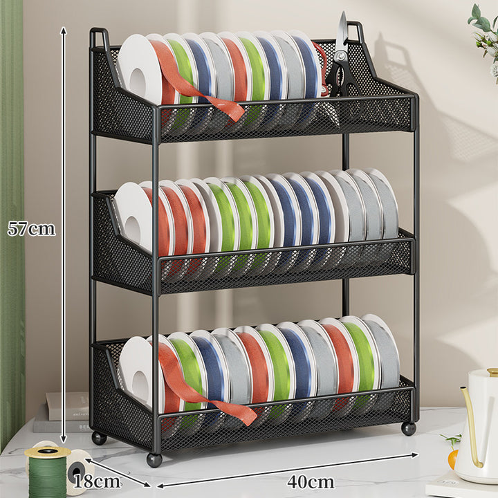 Metal Mesh Ribbon and Tape Spool Organizer with Integrated Scissor Slot