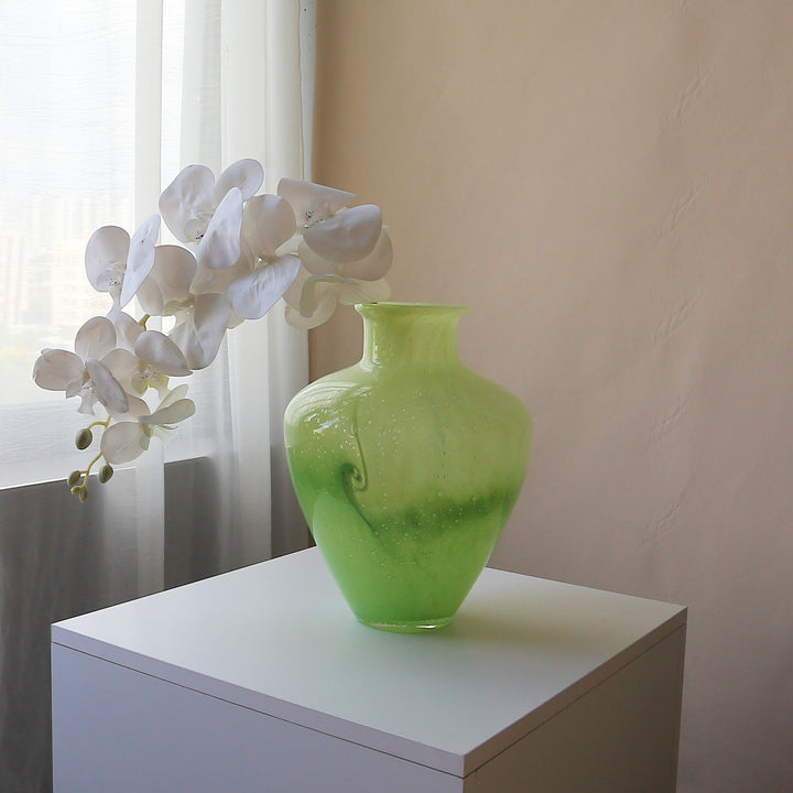 Hand-Blown Bulbous Decorative Glass Vase with Narrow Neck
