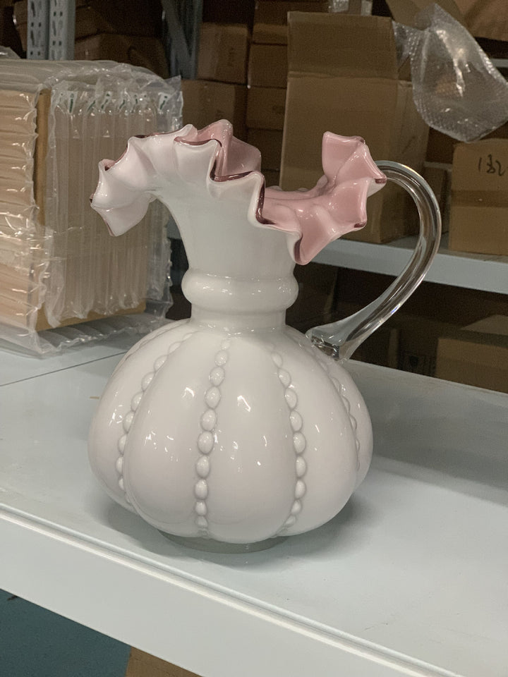 Artisanal Bulbous Milk-Glass Bud Vase with Frilled Neck & Speckled Inclusions