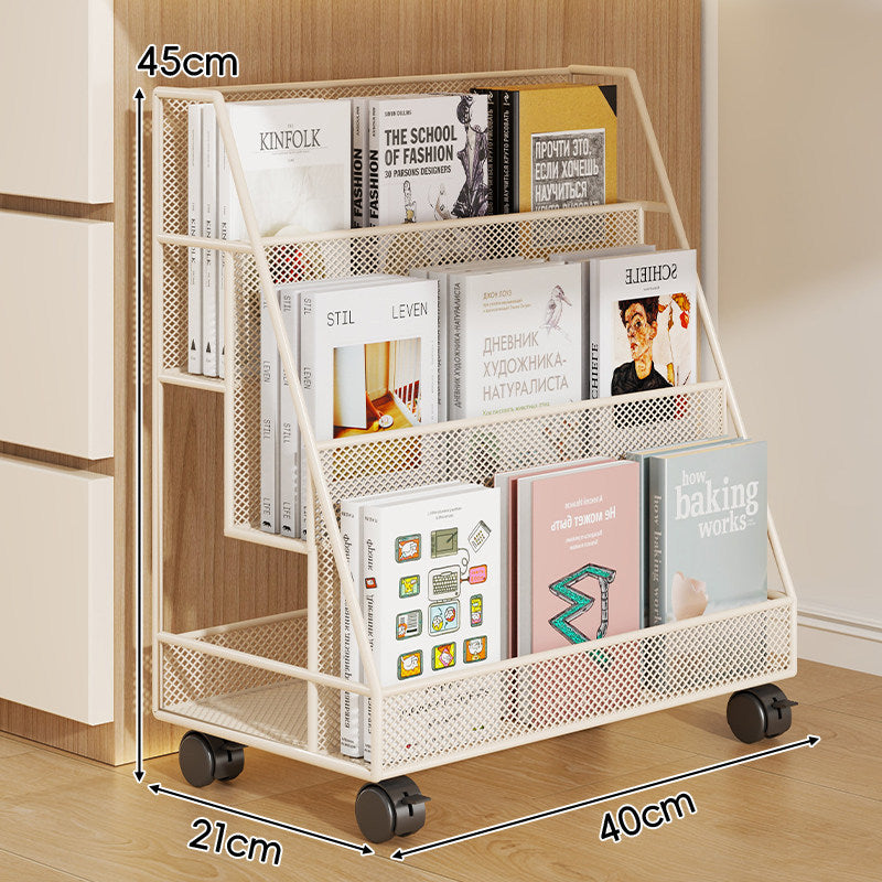 Angled Mesh Rolling Book and Magazine Display Rack with Slanted Shelves and Swivel Casters