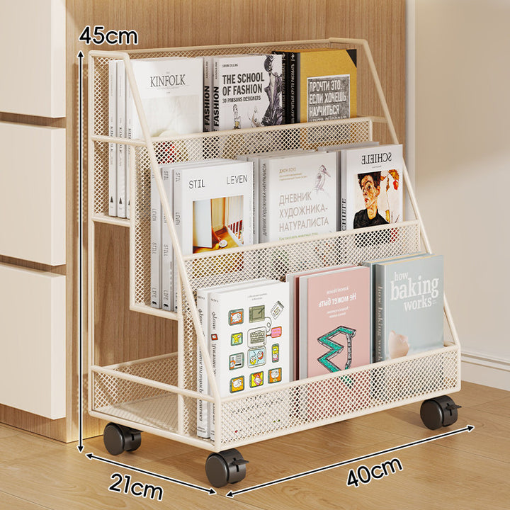 Angled Mesh Rolling Book and Magazine Display Rack with Slanted Shelves and Swivel Casters