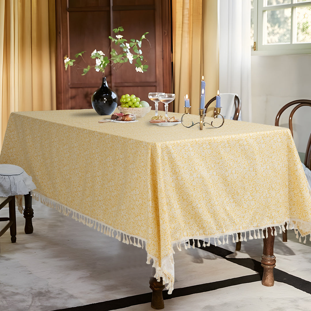 Rectangular tablecloth with floral Millefleurs print and cotton tassels