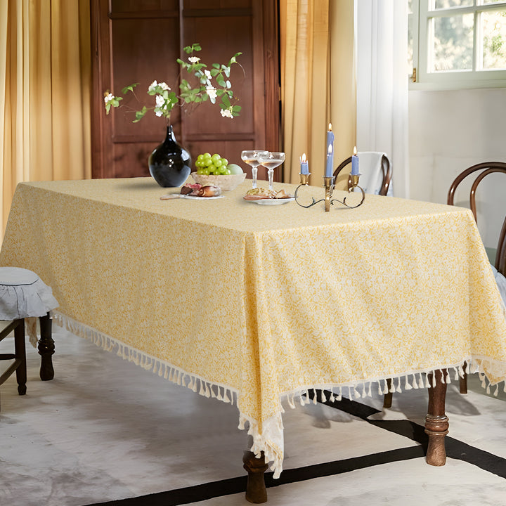 Rectangular tablecloth with floral Millefleurs print and cotton tassels