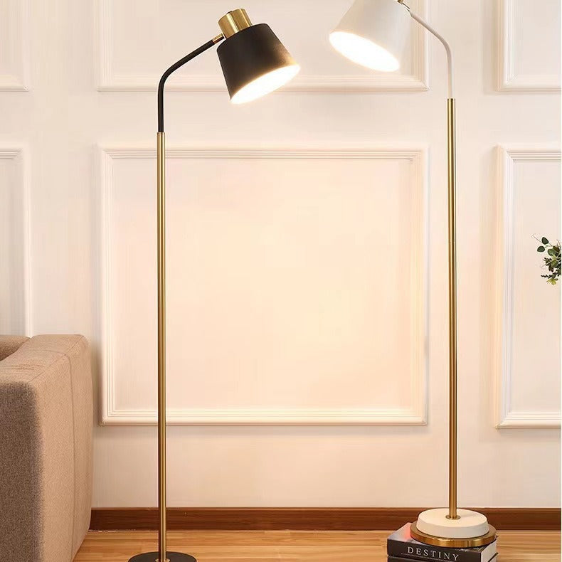 Slim Brass Torchiere Floor Lamp with Tilted Cone Shade and Adjustable Neck