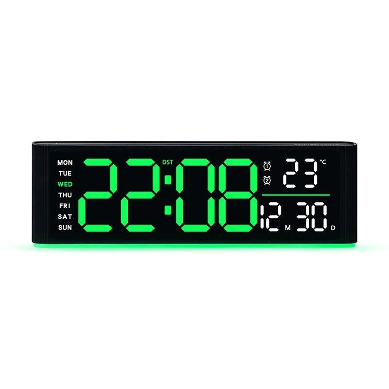 Digital LED alarm clock with temperature and day of week display