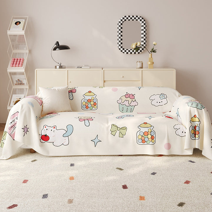 Decorative Cotton-Linen Kawaii Candy and Cat Print Sofa Slipcover