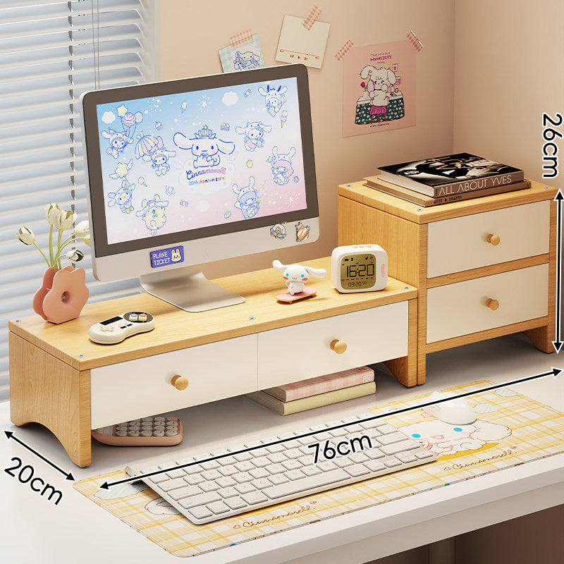 Wooden Monitor Riser with Twin Drawers and Under-Keyboard Storage