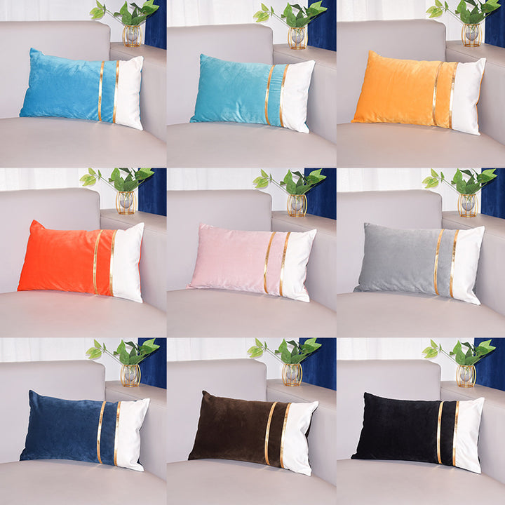 Rectangular Velvet-Blend Lumbar Cushion Cover with Dual Metallic Gold Bands