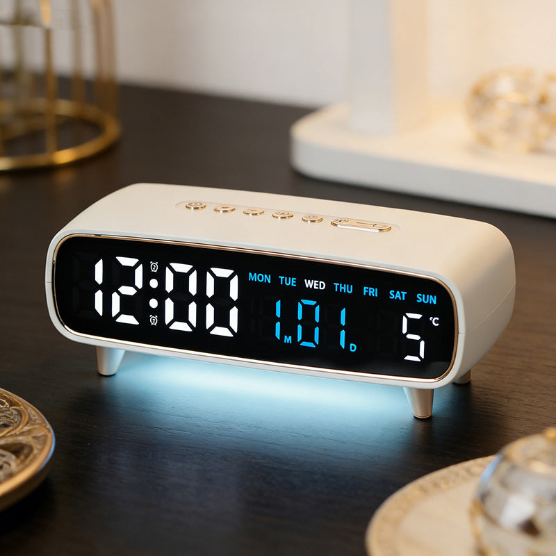 Digital radio alarm clock with temperature and date display