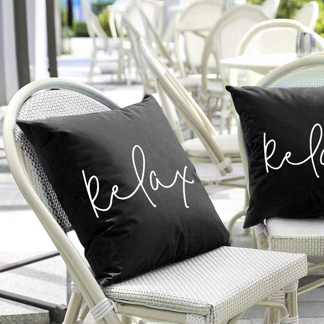 Square Script 'Relax' Outdoor-Ready Throw Pillow Cover with Hidden Zipper