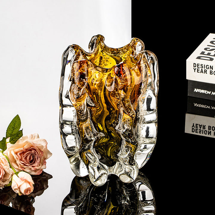 Hand-Blown Sculptural Ribbed Art Glass Decorative Vase