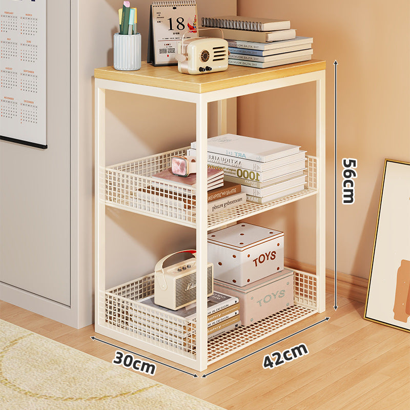 Two-Tier Rolling Mesh Storage Cart with Wood Top and Locking Casters