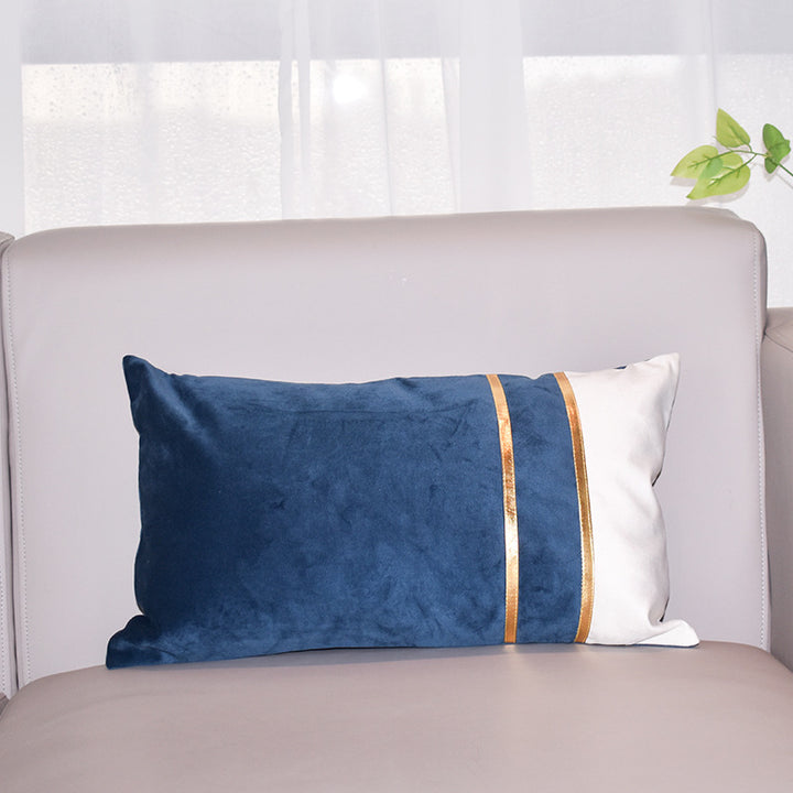 Rectangular Velvet-Blend Lumbar Cushion Cover with Dual Metallic Gold Bands