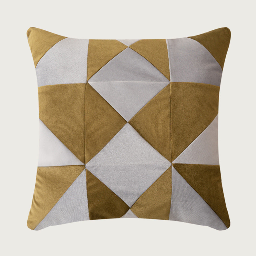 Square decorative cushion with striped velvet inlay and geometric pleated look