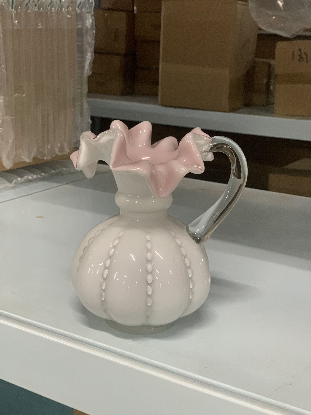 Artisanal Bulbous Milk-Glass Bud Vase with Frilled Neck & Speckled Inclusions