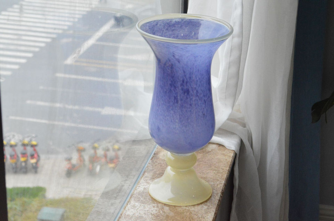 Tall Hand-Blown Fluted Glass Vase with Ruffled Rim & Rounded Pedestal Base