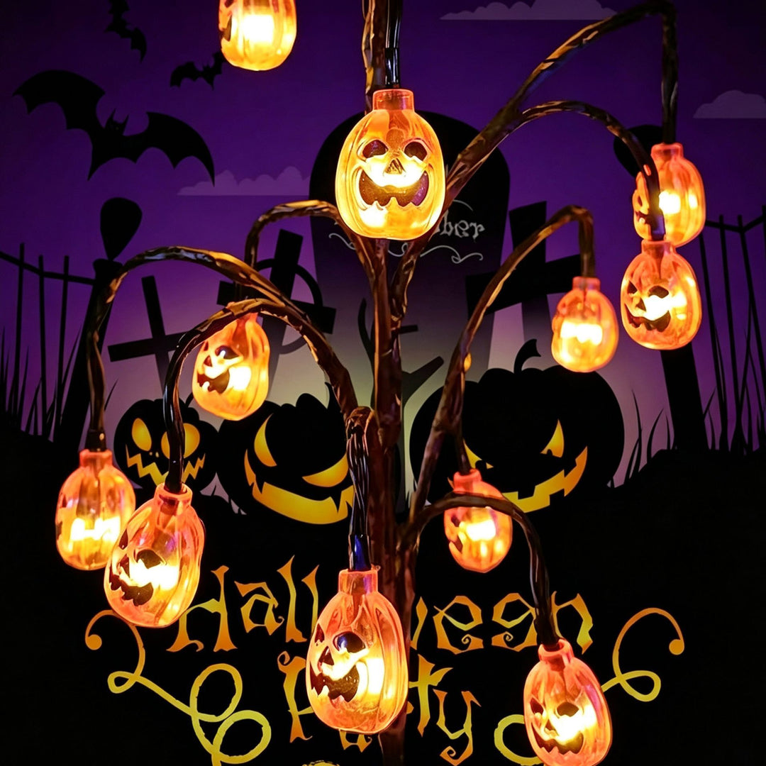 Battery-operated animated bat and spider LED string lights for outdoor Halloween display