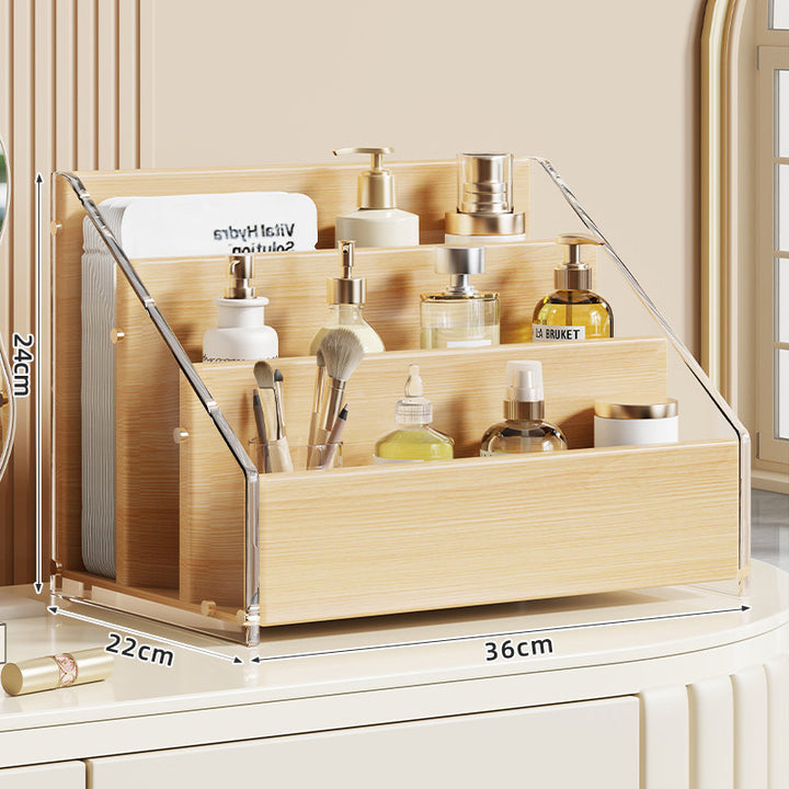 Tiered Walnut Cosmetic and Skincare Display Organizer with Angled Shelves and Removable Front Tray