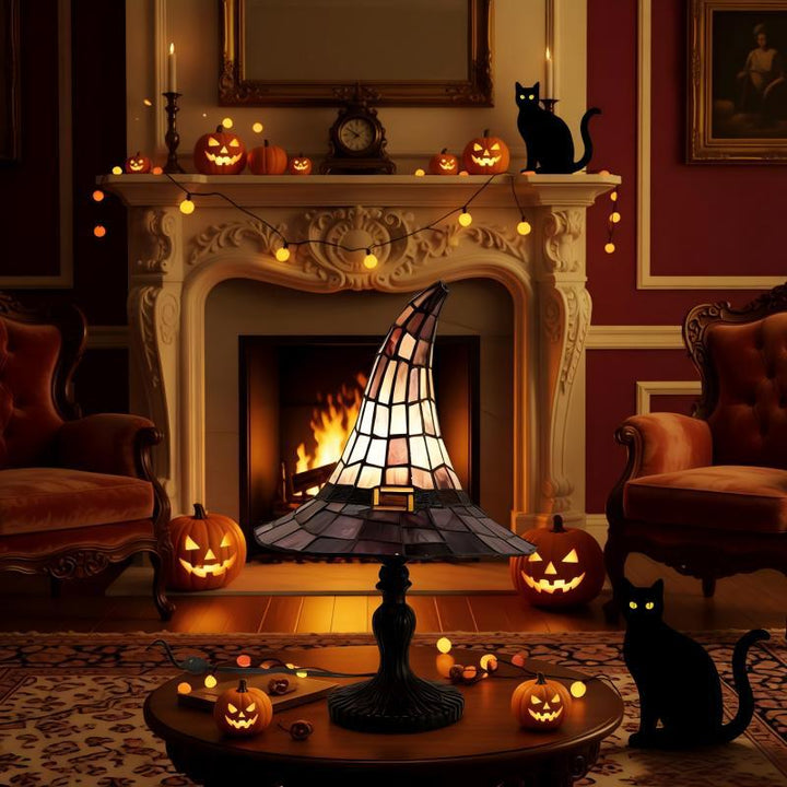 Decorative table lamp in witch hat design