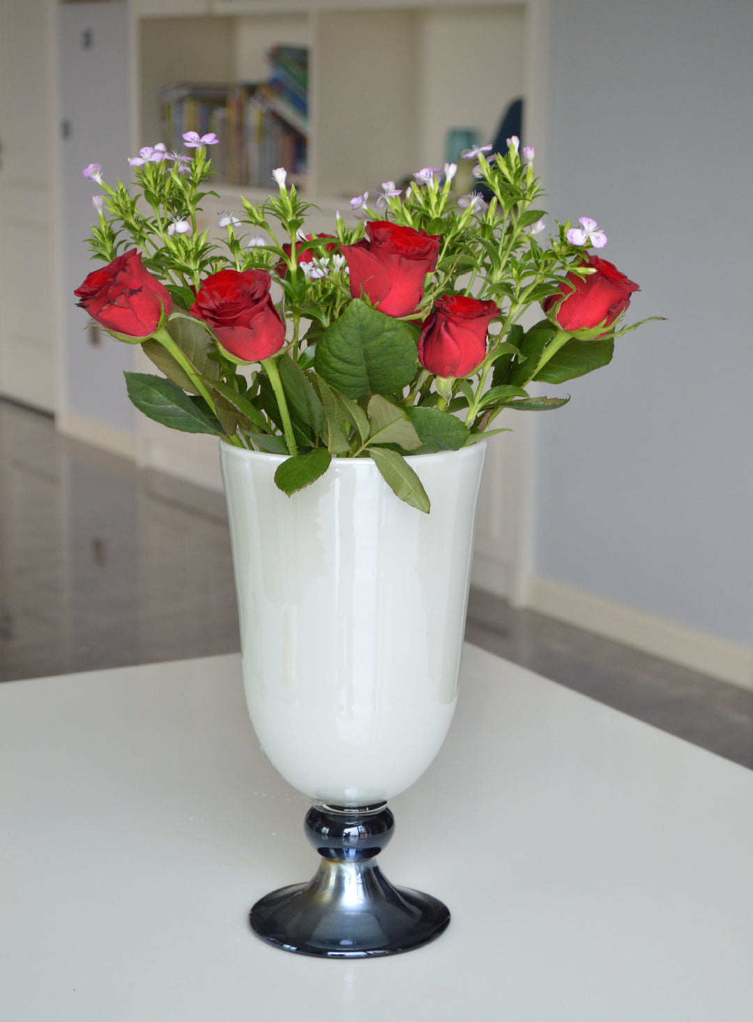 Tall Hand-Blown Fluted Glass Vase with Ruffled Rim & Rounded Pedestal Base