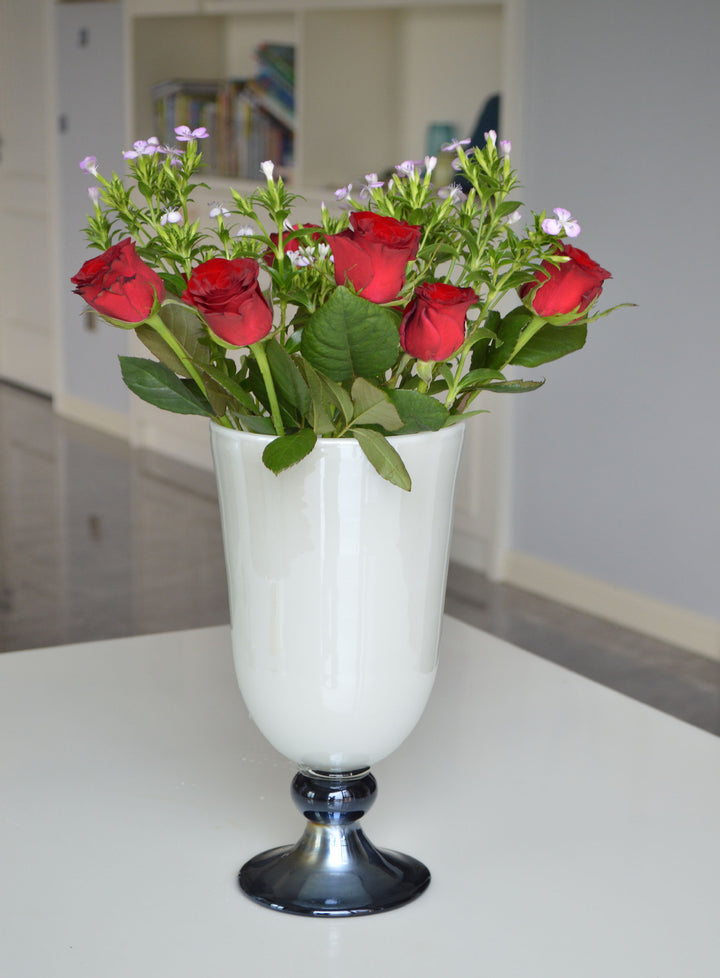 Tall Hand-Blown Fluted Glass Vase with Ruffled Rim & Rounded Pedestal Base