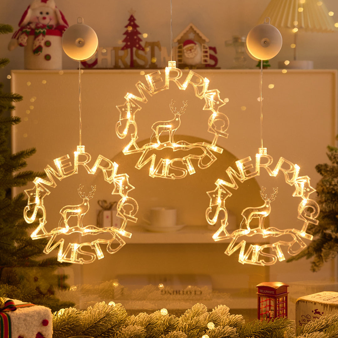 Festive Warm White LED Hanging Window Ornament Set with Reindeer Star Tree Wreath