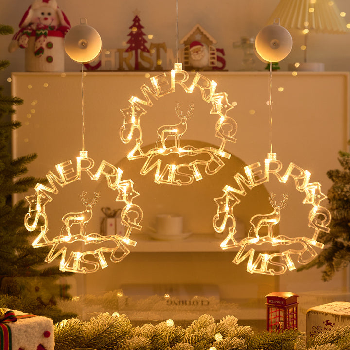 Festive Warm White LED Hanging Window Ornament Set with Reindeer Star Tree Wreath