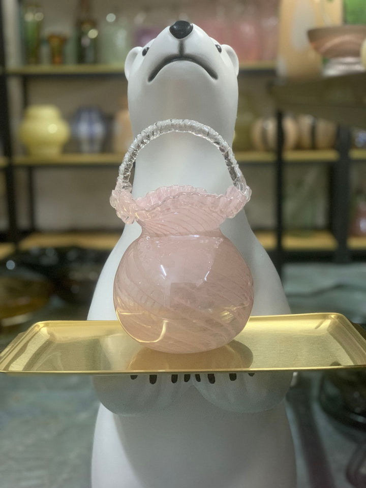 Artisanal Bulbous Milk-Glass Bud Vase with Frilled Neck & Speckled Inclusions