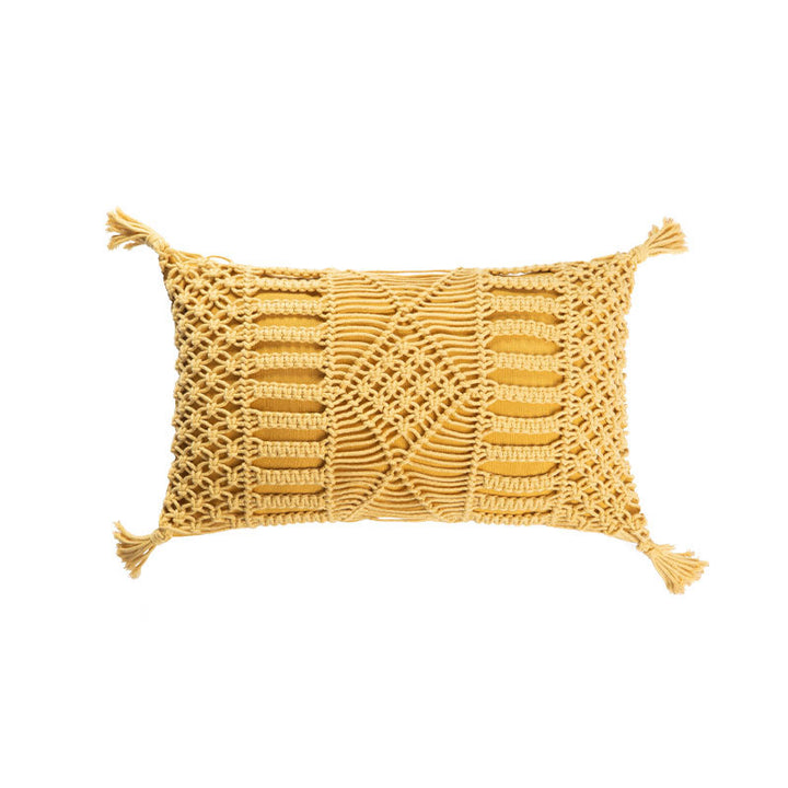 Rectangular cushion cover in macramé style with tufted floral appliqués and fringes