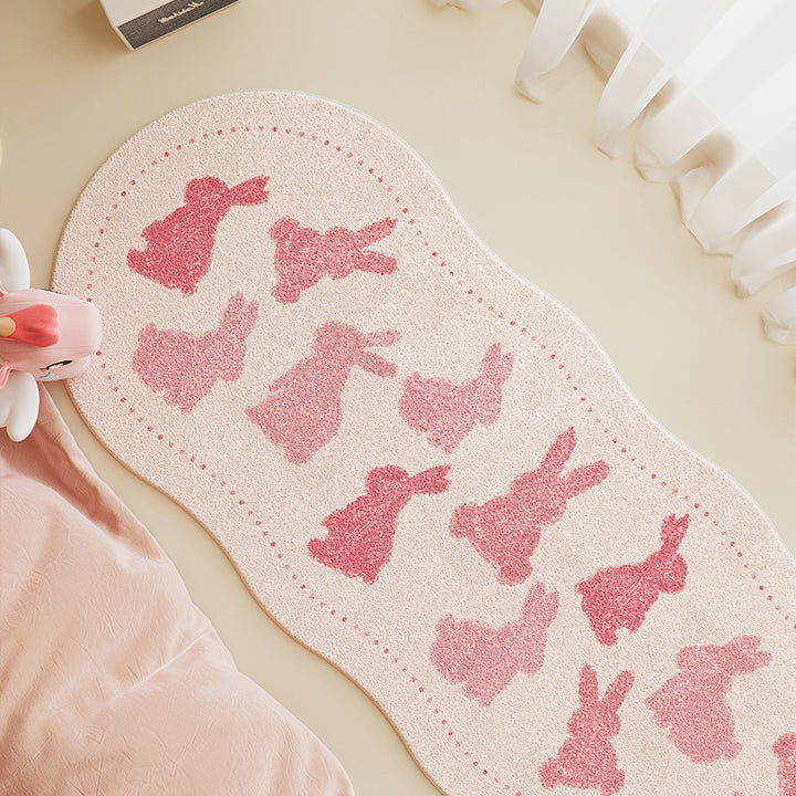 Children's Scalloped-Edge Plush Runner Rug with Pink Bunny Silhouette Pattern