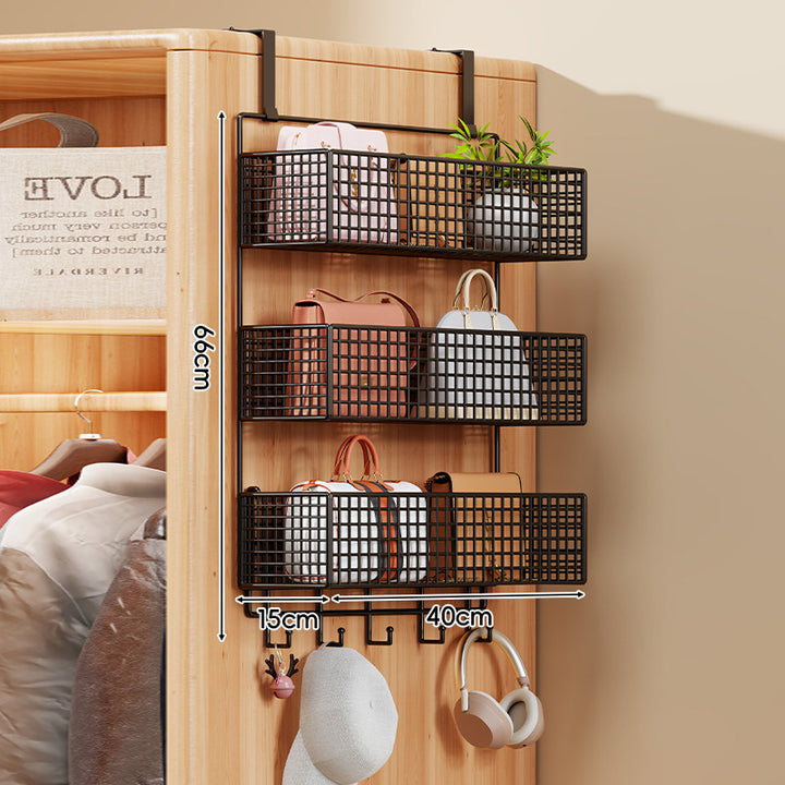 Over-the-Door Metal Grid Hanging Organizer with Four Stackable Baskets and Hooks