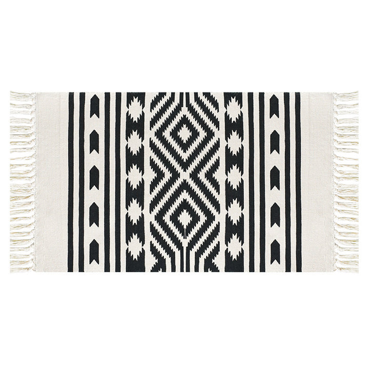Flat-woven cotton runner with Mediterranean tile jacquard and decorative fringes