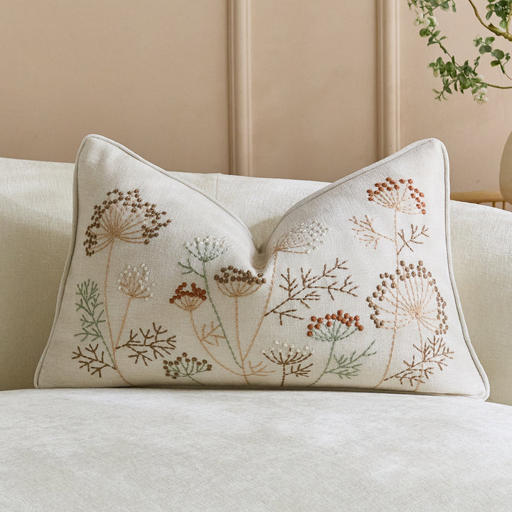 Embroidered Linen Throw Pillow Cover with Floral Motif