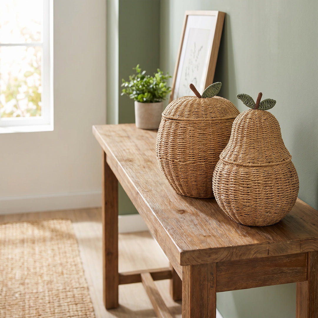 Playful storage basket in the shape of a pear