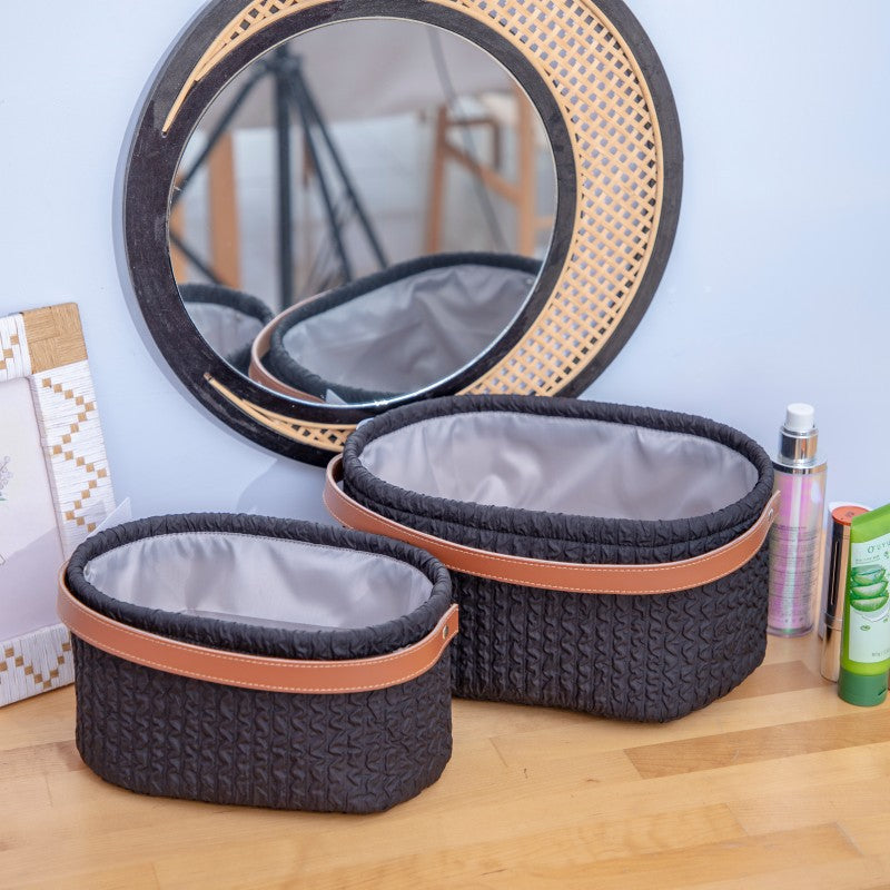 Elegant storage basket with faux leather handle