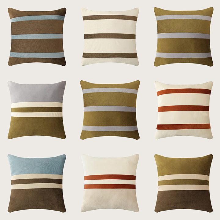 Square velvet decorative cushion with contrasting stripes and hidden zipper
