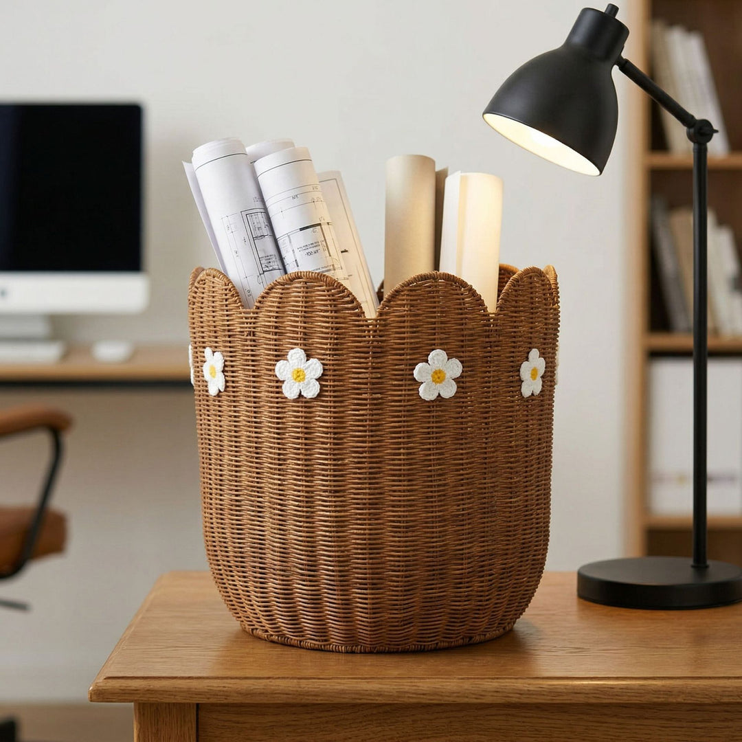 Rattan basket with flower motif