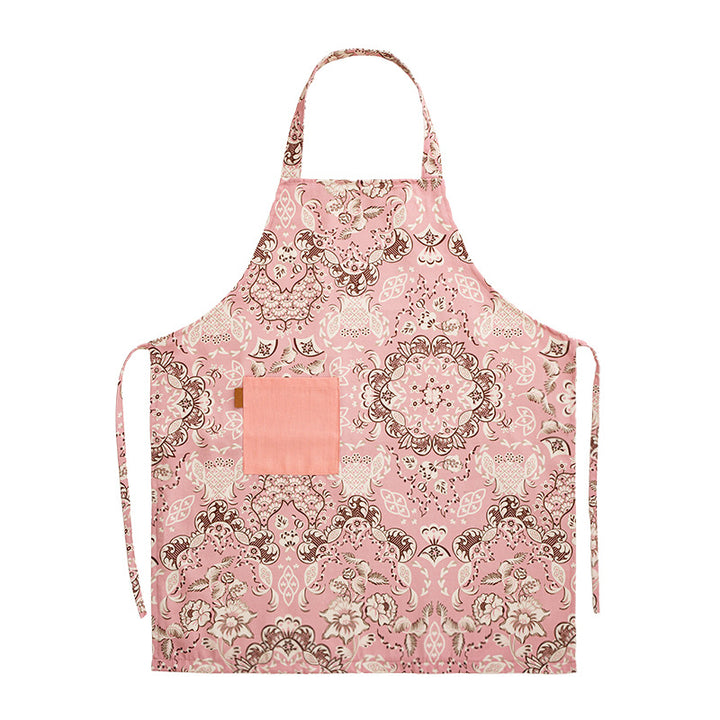 Cotton apron with floral pattern, adjustable neck strap and front pocket