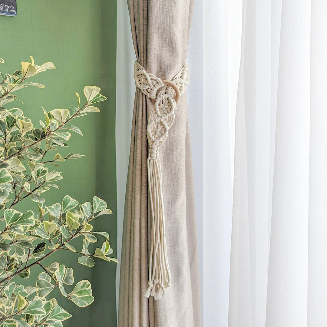 Macrame Curtain Tieback with Wooden Ring