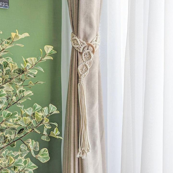Macrame Curtain Tieback with Wooden Ring