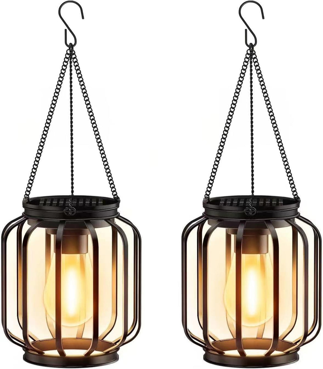 Weatherproof hanging solar LED lanterns for outdoor use with metal cage, warm glass, and hanging chain