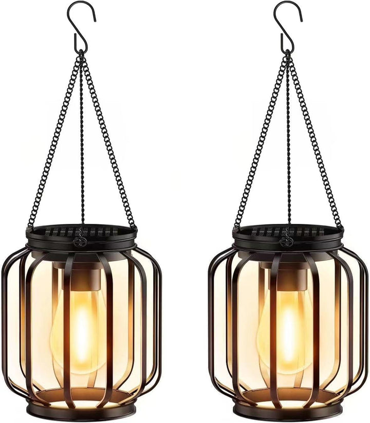 Weatherproof hanging solar LED lanterns for outdoor use with metal cage, warm glass, and hanging chain