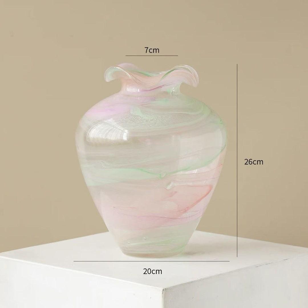 Handblown Pastel Swirl Sculptural Vase with Ruffled Lip