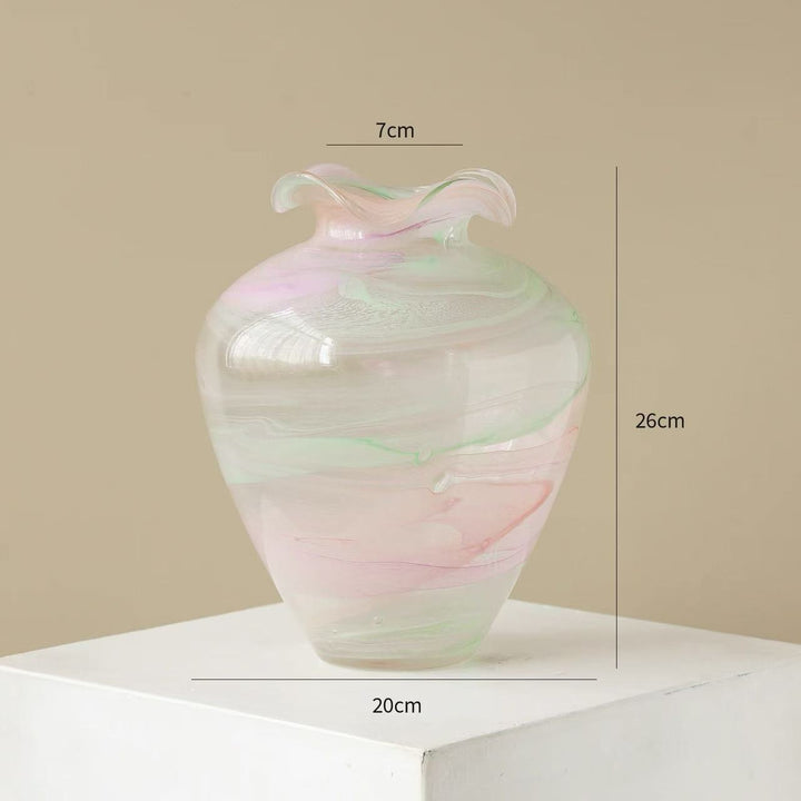 Handblown Pastel Swirl Sculptural Vase with Ruffled Lip