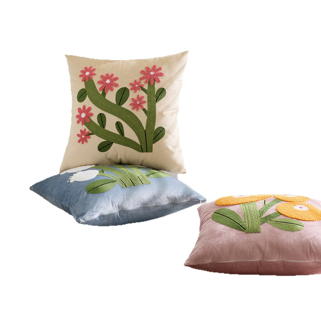Square Velvet Tufted Floral Chenille Appliqué Accent Pillow Cover
