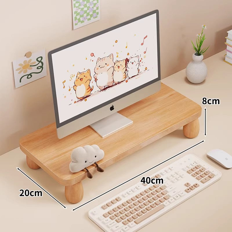 Low-Profile Ergonomic Wooden Desktop Monitor Lift with Under-Shelf Keyboard Storage