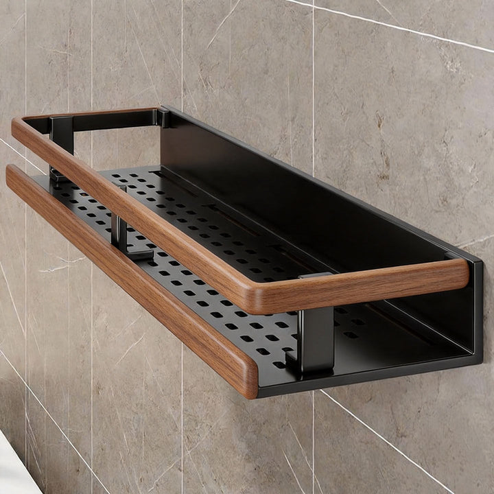 Compact Wall-Mounted Bathroom Shelf with Integrated Towel Rail and Multi-Hook Metal Organizer