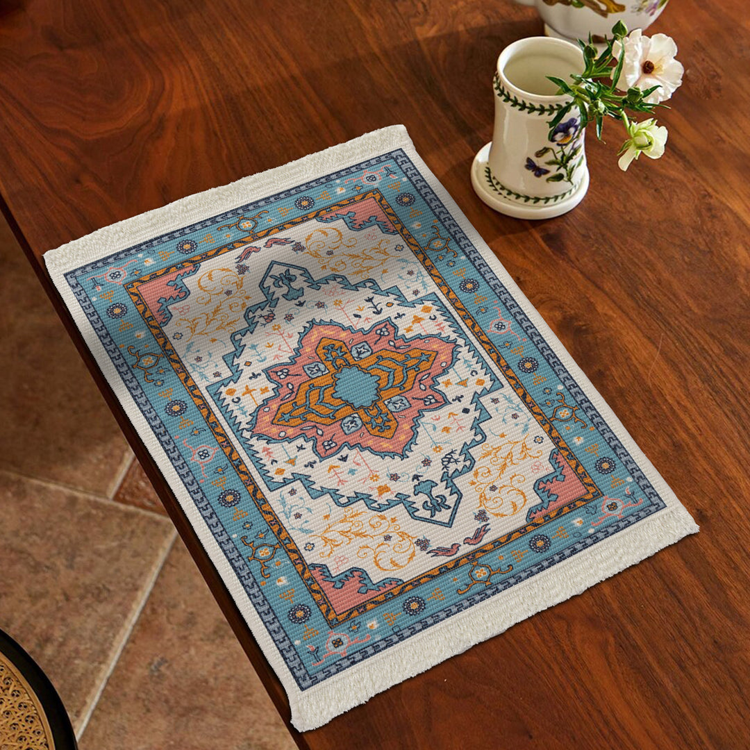 Rectangular short-pile rug in oriental medallion design with fringes