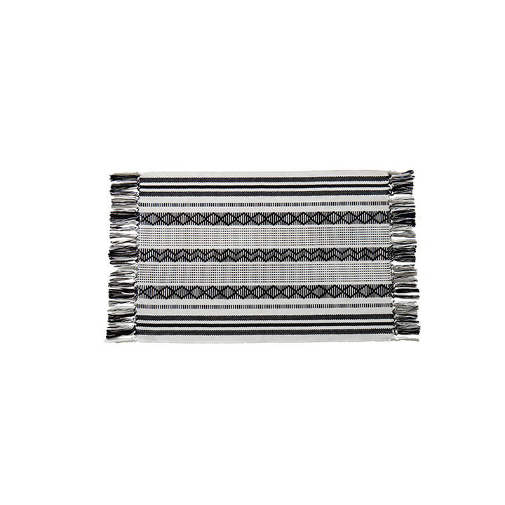 Flat-woven cotton runner with fringes and graphic ethnic stripe pattern